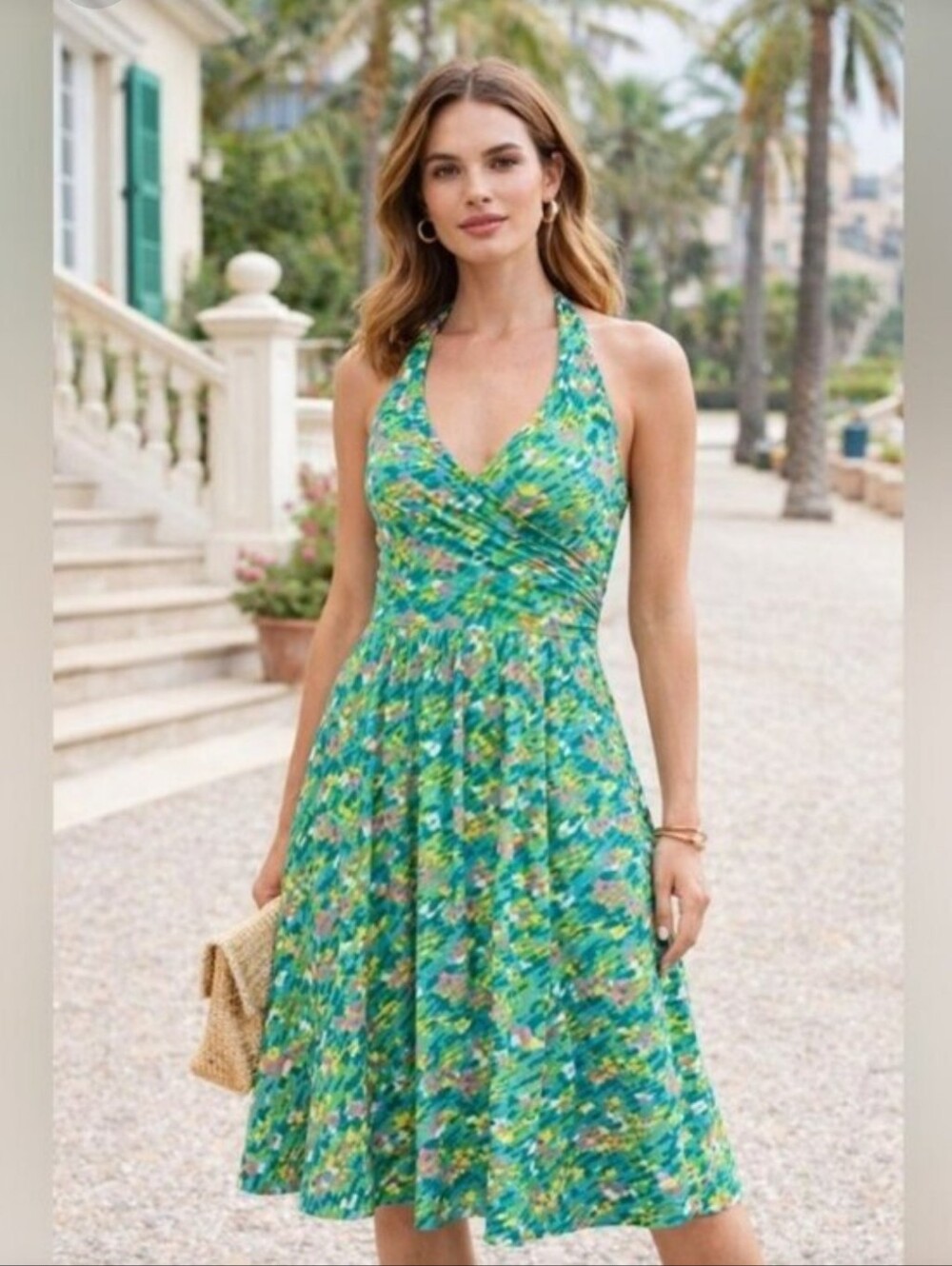 Boden St. Lucia Colorful Crossover Flowy Halter Midi Dress Size 18 Long